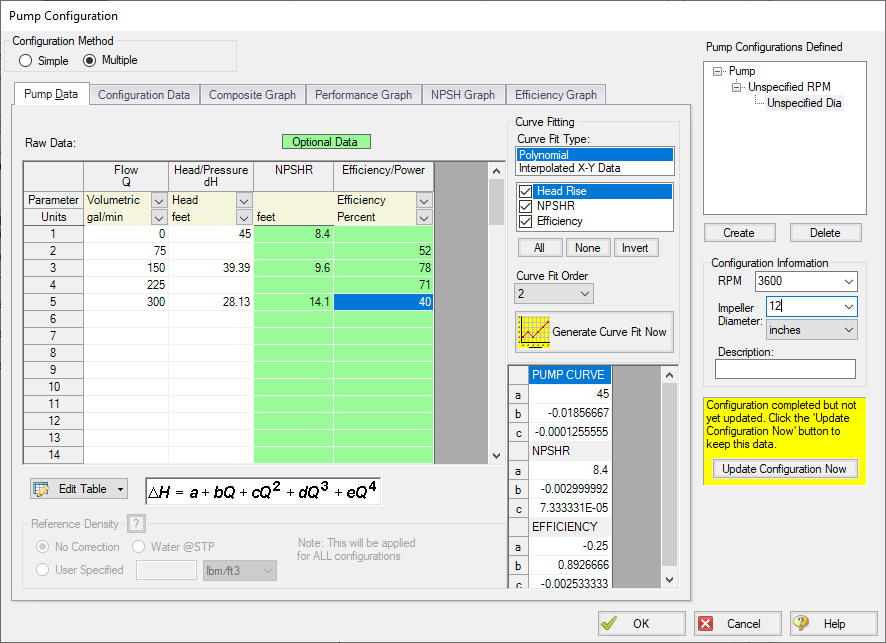 Updating a pump configuration within the Pump Configuration window.